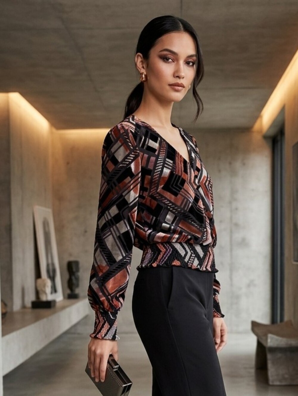 White House Black Market Black Wide-Leg Trousers with Geo-Print Top Styling